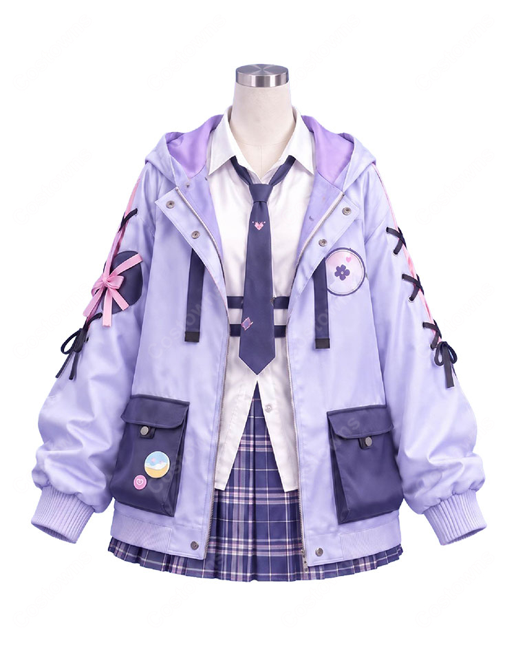 VTuber 結城さくな 2026新衣装 制服Ver. コスプレ衣装 ラベンダーパーカー＆チェック柄スカート-2