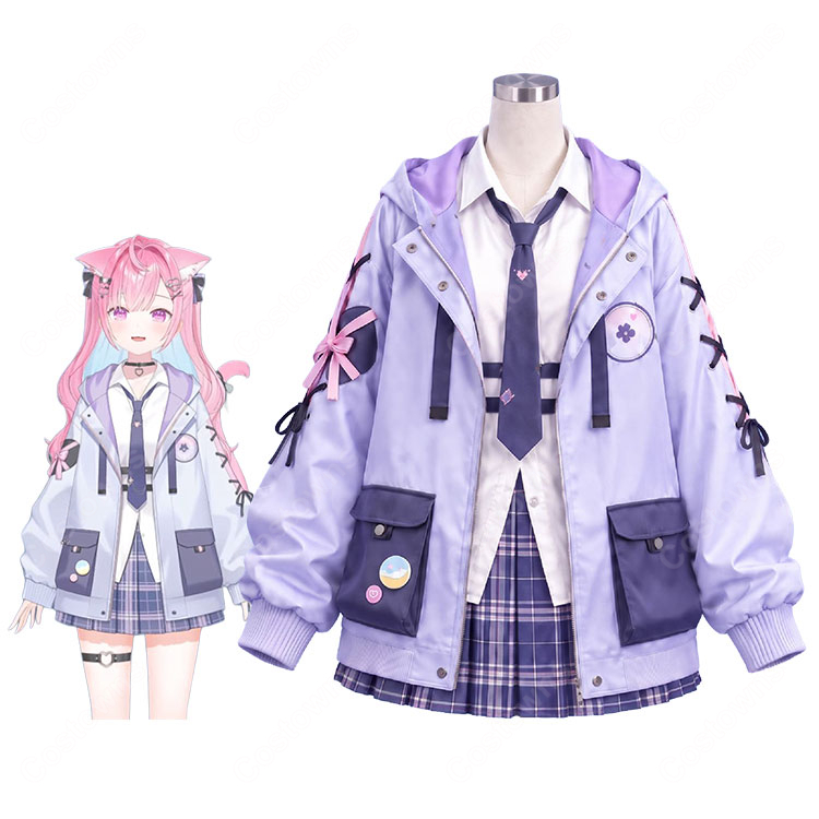 VTuber 結城さくな 2026新衣装 制服Ver. コスプレ衣装 ラベンダーパーカー＆チェック柄スカート-1