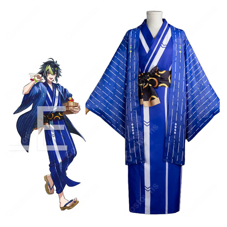 にじさんじ 伊波ライ コスプレ衣装 極楽湯・RAKU SPA 第二弾コラボ 和装Ver. 青い着物・羽織・帯付き 4点セット イベント・撮影用-1