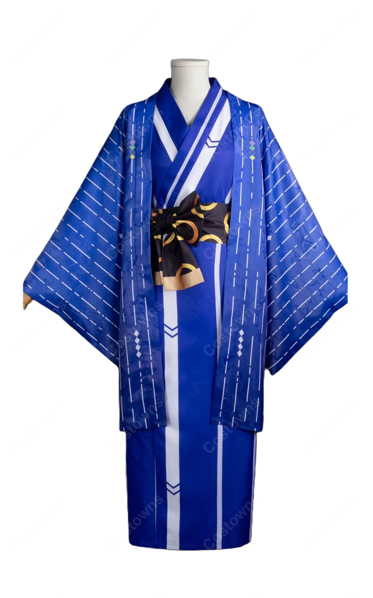 にじさんじ 伊波ライ コスプレ衣装 極楽湯・RAKU SPA 第二弾コラボ 和装Ver. 青い着物・羽織・帯付き 4点セット イベント・撮影用-2