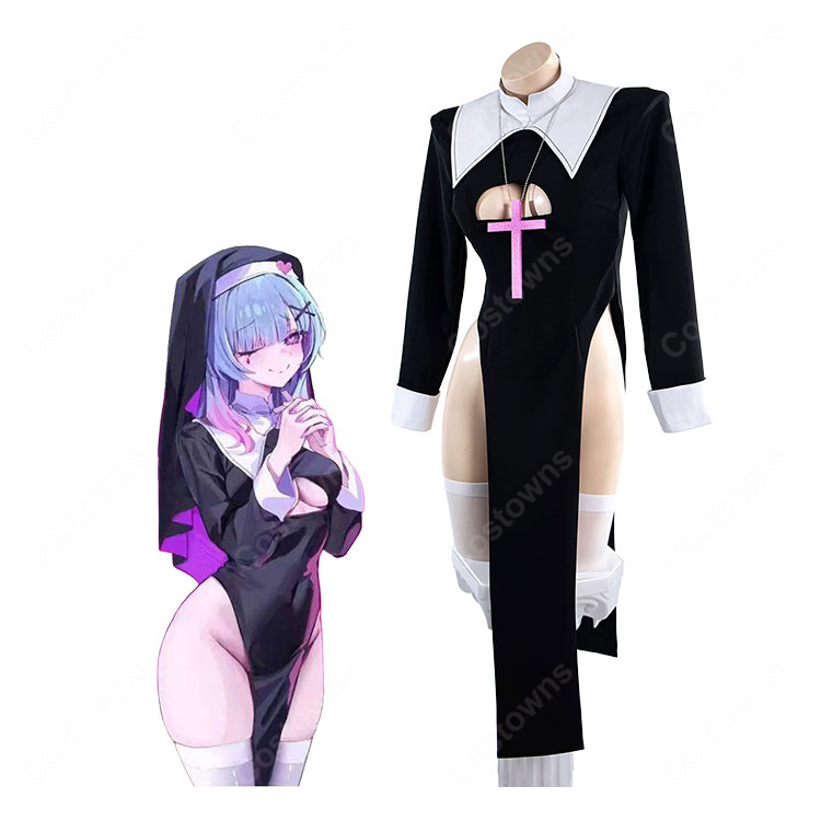 初音ミク ラビットホール シスター コスプレ衣装 修道女アレンジ 黒ワンピース 十字架モチーフ ベール付き 撮影・イベント・ハロウィン仮装用-1