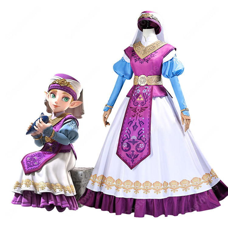 ゼルダの伝説 時のオカリナ ゼルダ姫 幼少期Ver. コスプレ衣装 紫と白のロングドレス 帽子・装飾品付き S～XXXL-1