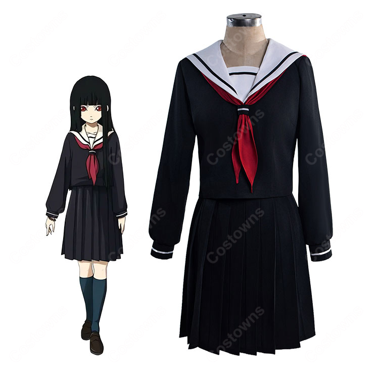 地獄少女 閻魔あい コスプレ衣装 制服Ver. 黒セーラー服 リボン・靴下・数珠風ブレスレット付き 5点セット アニメ仮装・イベント撮影向け-1