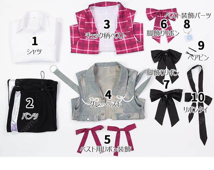 にじさんじ VOLTACTION 3rd Anniversary 渡会雲雀 コスプレ衣装｜リボンコーデ・ピンクチェック柄ベスト付き S～XL-10