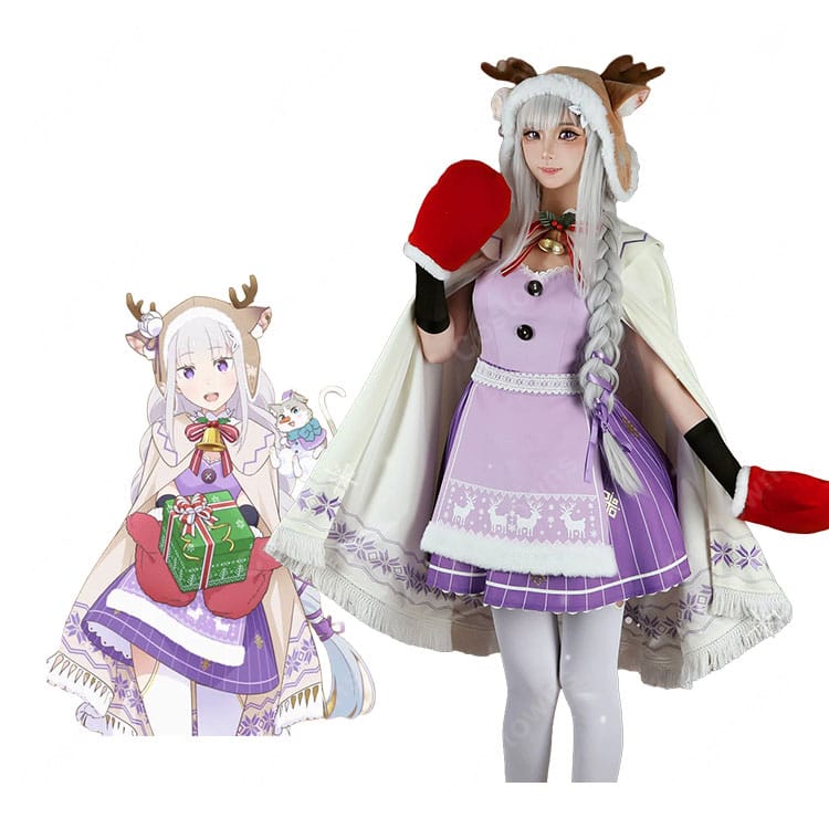 Re:ゼロから始める異世界生活 エミリア クリスマスコス ver. コスプレ衣装 トナカイ帽子・ケープ・手袋付き 9点セット 冬イベント・撮影向け-1