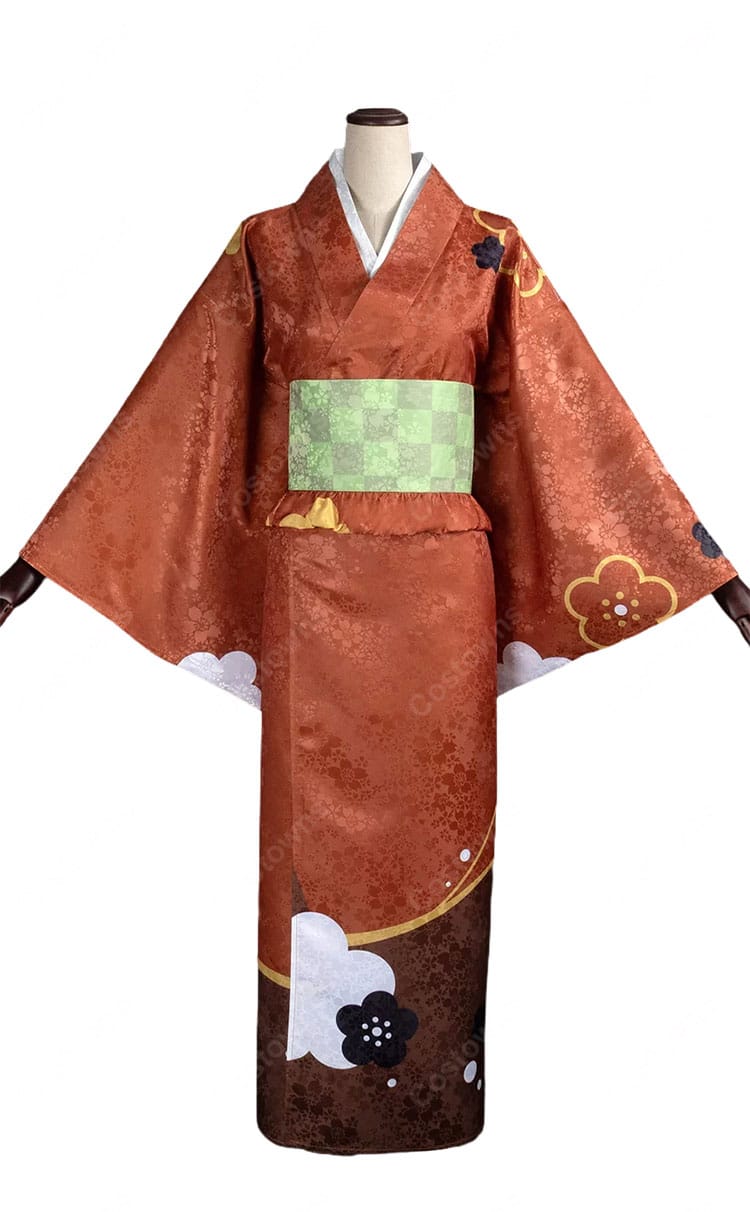 神様はじめました 桃園奈々生 コスプレ衣装 赤茶色の着物 帯・飾り付き-2
