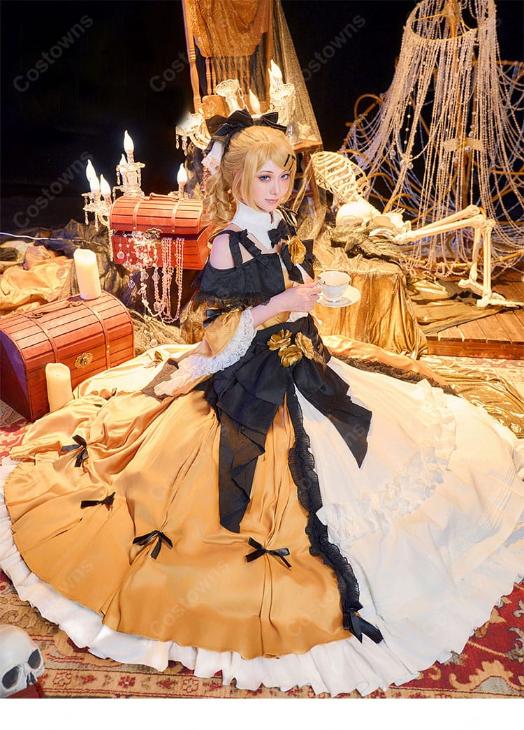 悪ノ娘 鏡音リン コスプレ衣装 ゴールドドレス フリル・レース・花飾り付き ウエストリボン付き イベント・撮影向け-3
