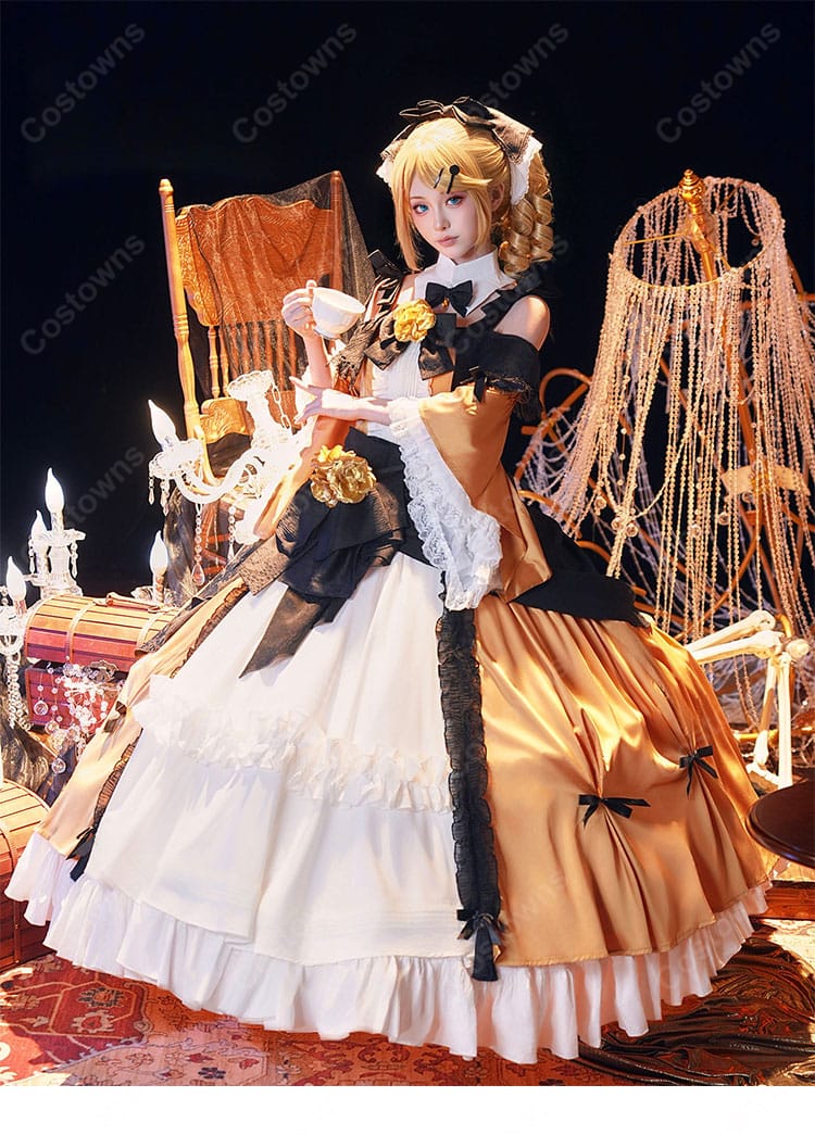 悪ノ娘 鏡音リン コスプレ衣装 ゴールドドレス フリル・レース・花飾り付き ウエストリボン付き イベント・撮影向け-4
