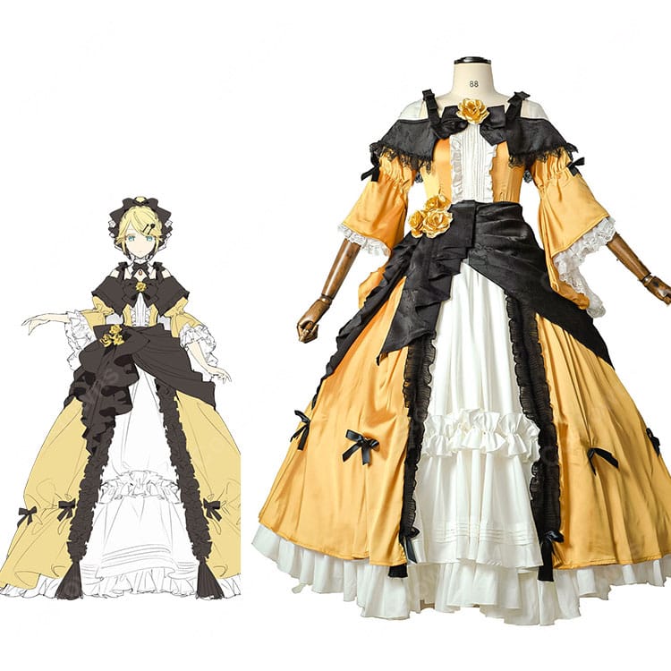 悪ノ娘 鏡音リン コスプレ衣装 ゴールドドレス フリル・レース・花飾り付き ウエストリボン付き イベント・撮影向け-1