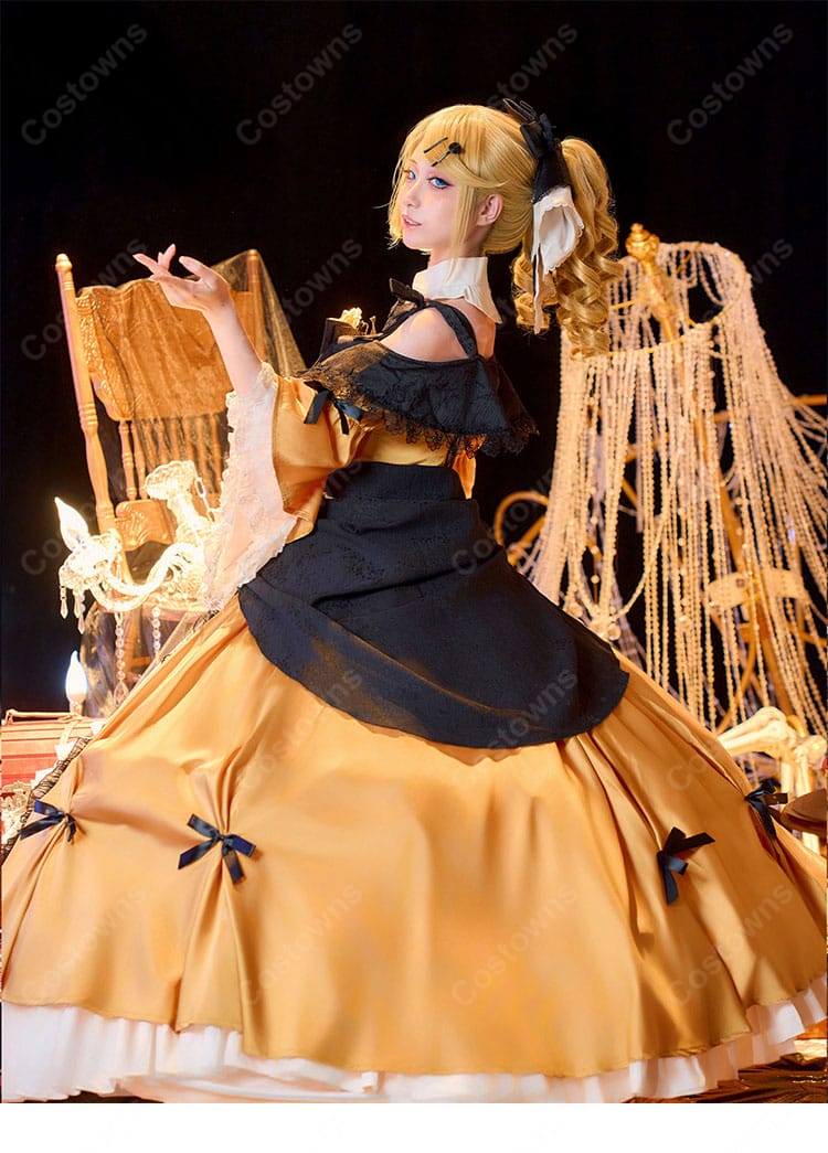悪ノ娘 鏡音リン コスプレ衣装 ゴールドドレス フリル・レース・花飾り付き ウエストリボン付き イベント・撮影向け-5