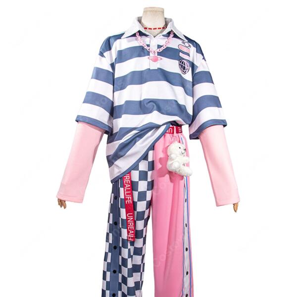 18TRIP（エイトリ）夜半 子タろ 私服Ver. コスプレ衣装 ボーダートップス＆左右切替パンツ ベルト・ネックレス・クマチャーム付き オーダメイド可元の画像