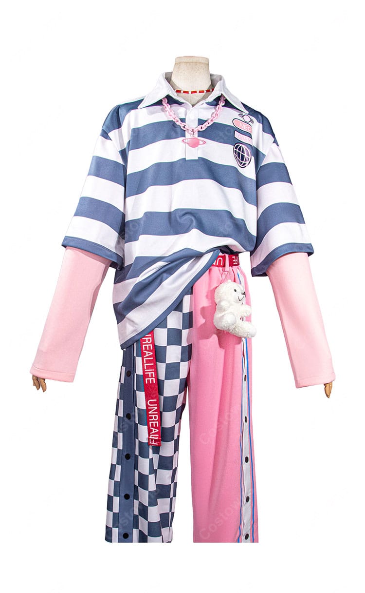 18TRIP（エイトリ）夜半 子タろ 私服Ver. コスプレ衣装 ボーダートップス＆左右切替パンツ ベルト・ネックレス・クマチャーム付き-2