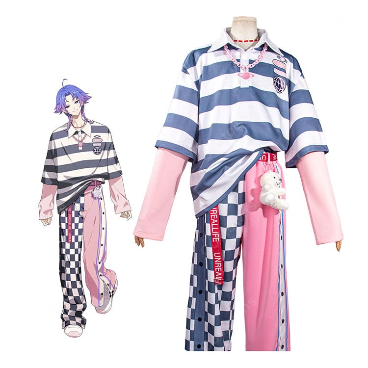 18TRIP（エイトリ）夜半 子タろ 私服Ver. コスプレ衣装 ボーダートップス＆左右切替パンツ ベルト・ネックレス・クマチャーム付き-1