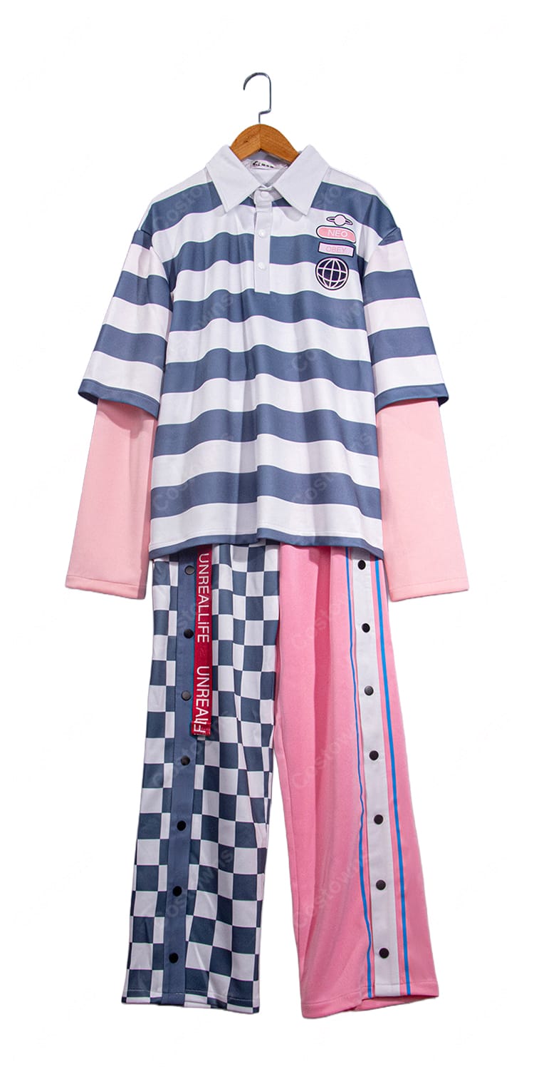 18TRIP（エイトリ）夜半 子タろ 私服Ver. コスプレ衣装 ボーダートップス＆左右切替パンツ ベルト・ネックレス・クマチャーム付き-5