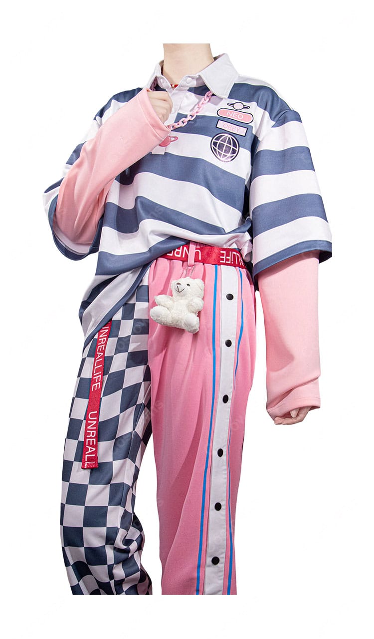 18TRIP（エイトリ）夜半 子タろ 私服Ver. コスプレ衣装 ボーダートップス＆左右切替パンツ ベルト・ネックレス・クマチャーム付き-4