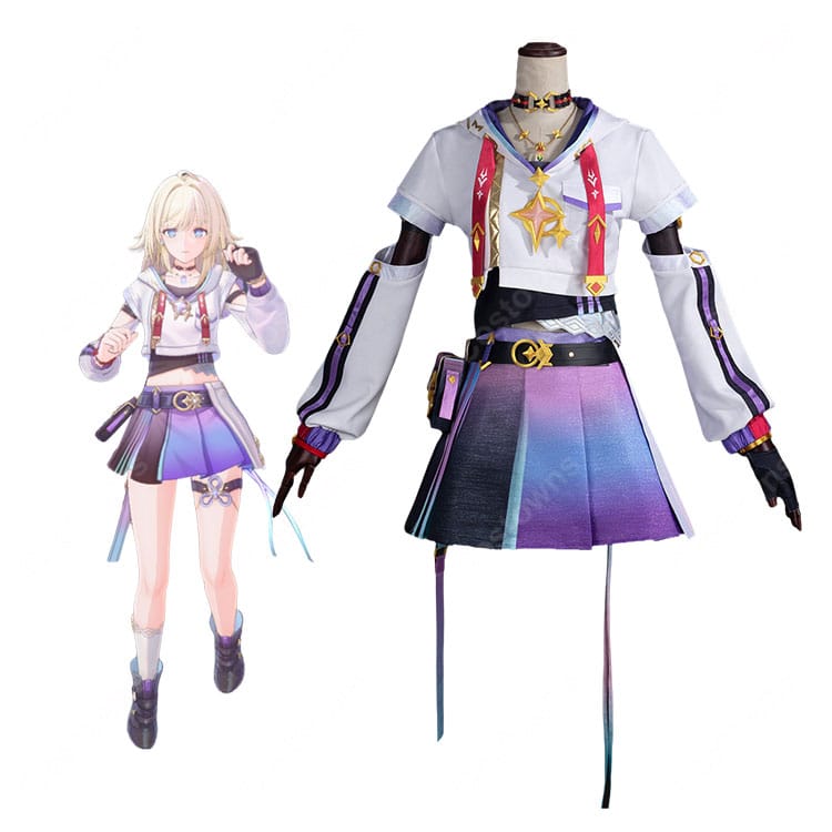 崩壊：ネクサスアニマ 女主人公 コスプレ衣装 進化テスト版 ホワイト×パープルのトップス＆スカート 多彩なアクセサリー付き-1