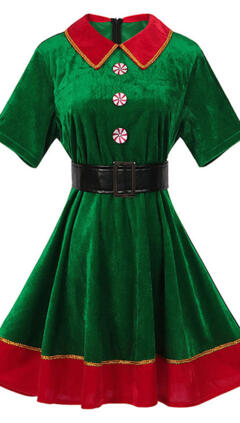 2023 クリスマス 緑 ワンピース テーマパーティー衣装 コスチューム 演出服 シャツ襟 膝丈 ワンピース サイズ S~XXL(240×423)