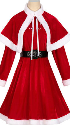 2023 クリスマス ワンピース クリスマスドレス 長袖 マント 仮装 サンタコスプレ 4点セット(マント、ワンピース、ベルト、帽子)(240×423)