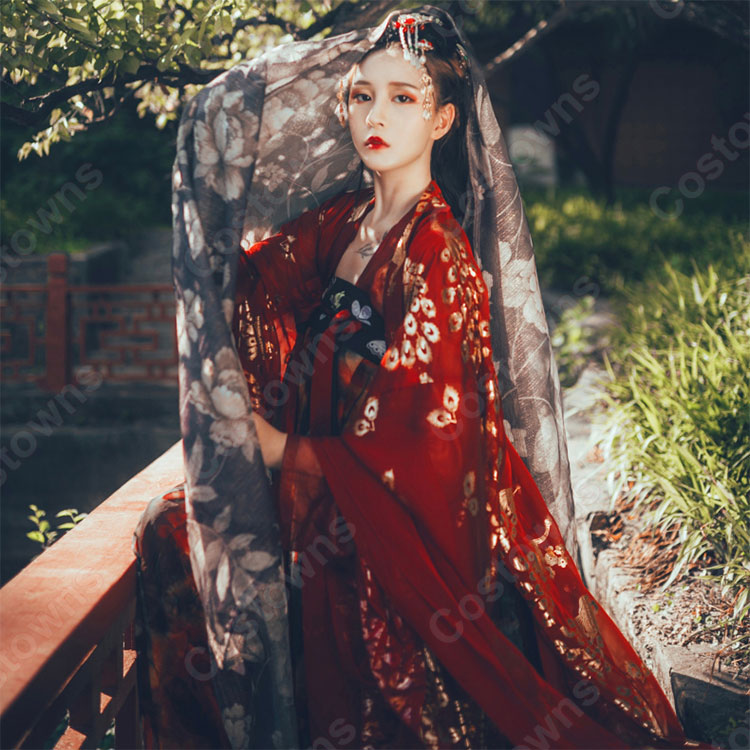 漢服 襦裙 コスプレ衣装 中国伝統衣装 古風 可愛い ハロウィン 学園祭 パーティー おしゃれコス服 花柄 赤漢服 0