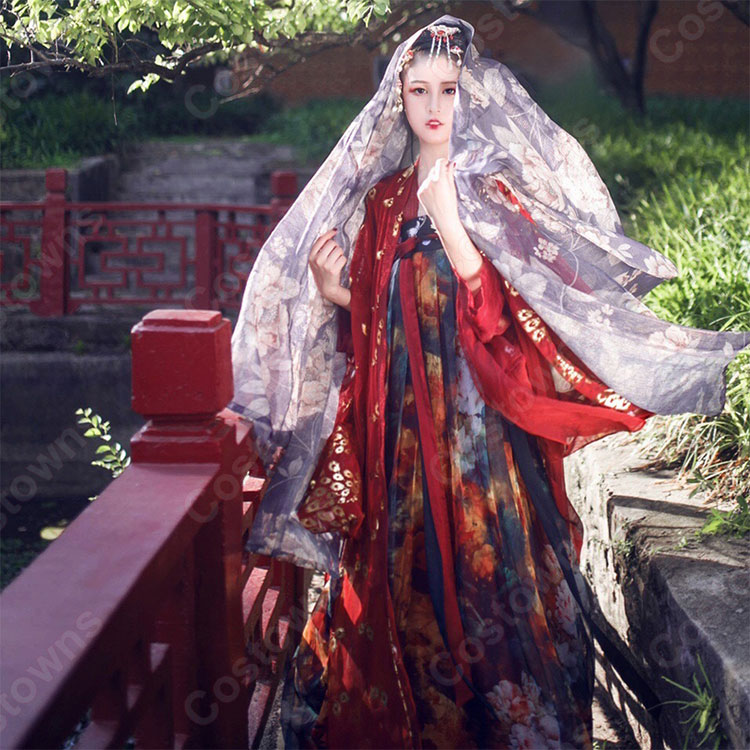 漢服 襦裙 コスプレ衣装 中国伝統衣装 古風 可愛い ハロウィン 学園祭 パーティー おしゃれコス服 花柄 赤漢服 3