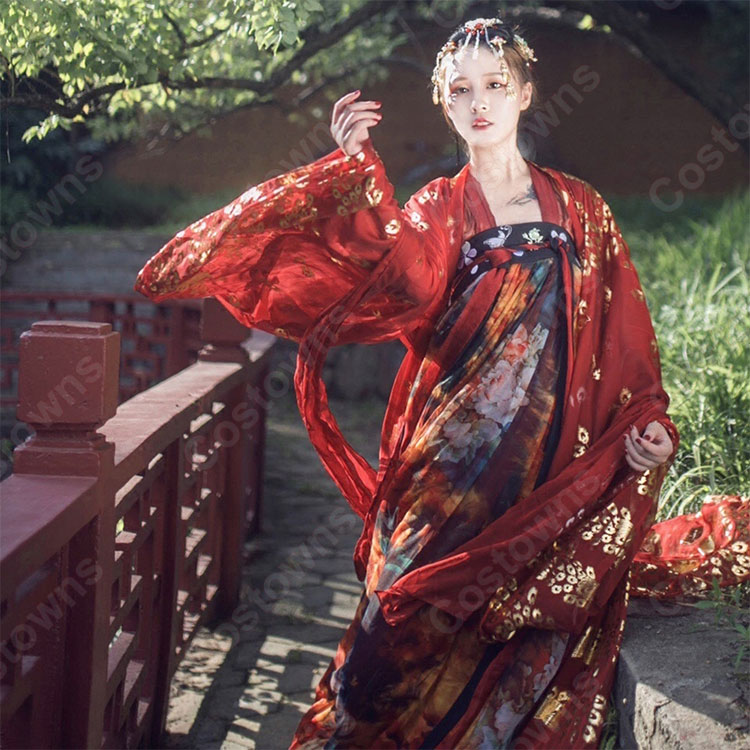 漢服 襦裙 コスプレ衣装 中国伝統衣装 古風 可愛い ハロウィン 学園祭 パーティー おしゃれコス服 花柄 赤漢服 1