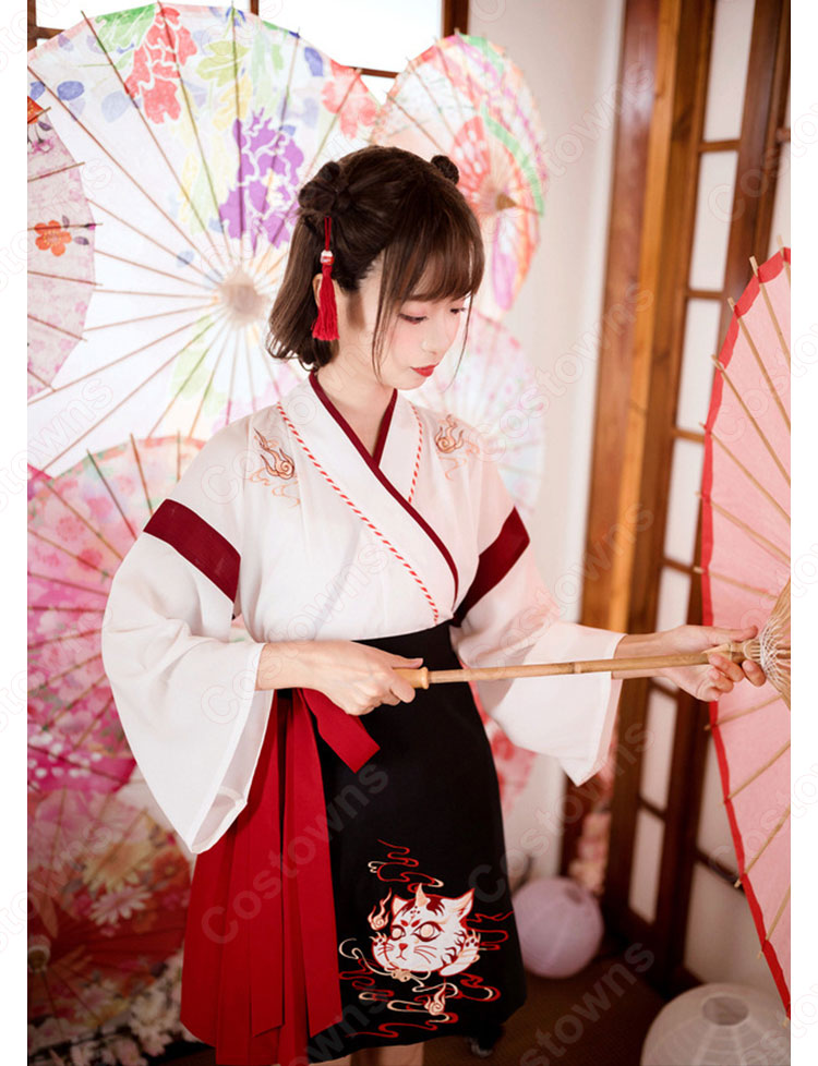 漢服 コスプレ衣装 中国伝統衣装 古風 可愛い ハロウィン 学園祭 おしゃれコス服 猫刺繍 合わせえり 日常ミニスカート 10
