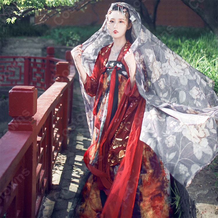 漢服 襦裙 コスプレ衣装 中国伝統衣装 古風 可愛い ハロウィン 学園祭 パーティー おしゃれコス服 花柄 赤漢服 2