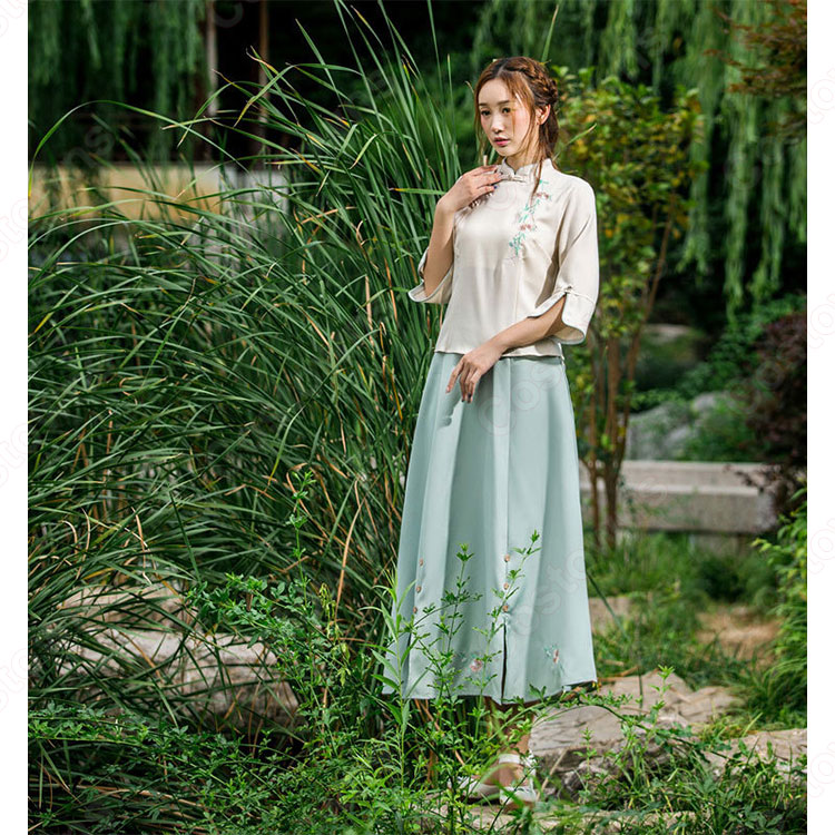 漢服 コスプレ衣装 中国伝統衣装 古風 民国風 可愛い 中国時代劇 学園祭 パーティー お花見 おしゃれコス服  花柄刺繍付き 学生服 チャイナ服 5