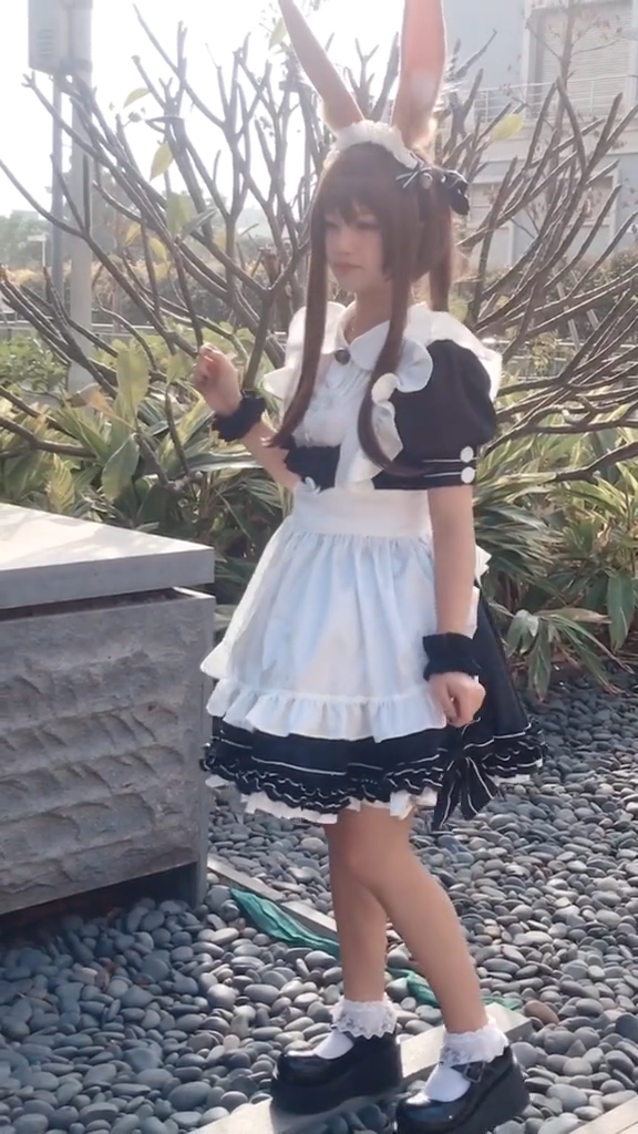 メイド服 コスプレ衣装 可愛いロリータ風のメイド服 ウサギのカチューシャ 手首飾り ワンピース エプロン 靴 3