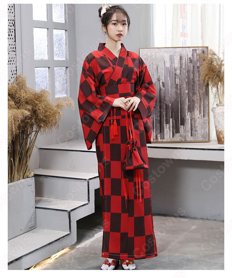 女性浴衣　和服　着物　日本伝統服　舞台衣装　コスプレ衣装　コスチューム　写真撮影　演出服　チェック柄　市松文様柄 2
