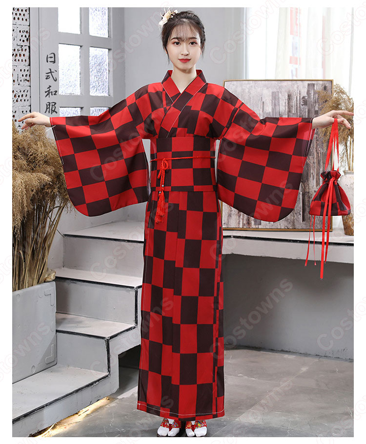 女性浴衣　和服　着物　日本伝統服　舞台衣装　コスプレ衣装　コスチューム　写真撮影　演出服　チェック柄　市松文様柄 1