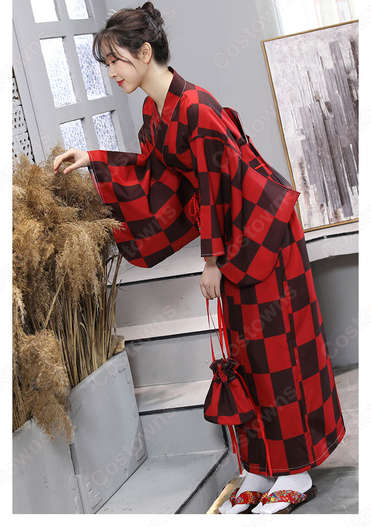女性浴衣　和服　着物　日本伝統服　舞台衣装　コスプレ衣装　コスチューム　写真撮影　演出服　チェック柄　市松文様柄 3