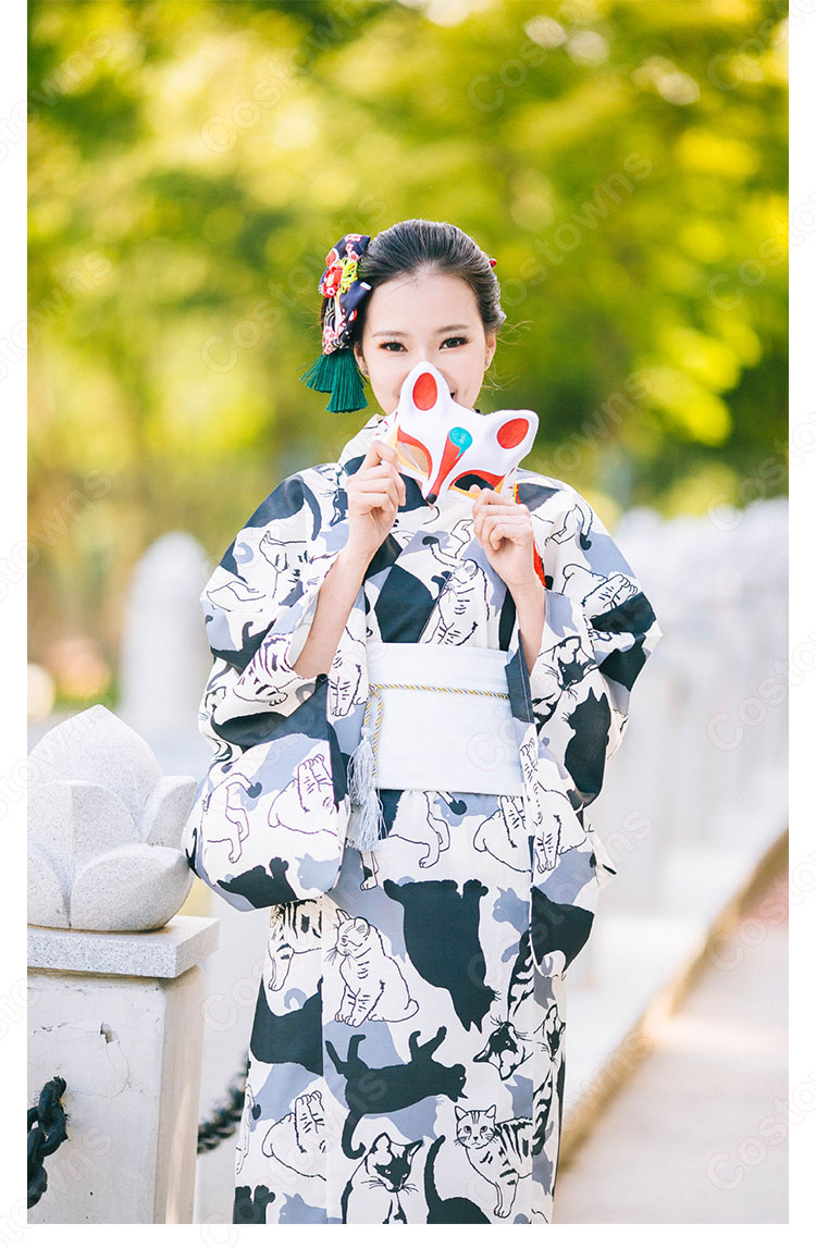 女性浴衣 和服 着物 日本伝統服 舞台衣装 コスプレ衣装 コスチューム 写真撮影 演出服 猫柄 1