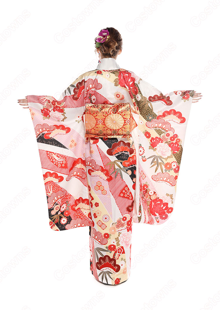 女性浴衣 和服 着物 日本伝統服 舞台衣装 コスプレ衣装 コスチューム 写真撮影 演出服 松文柄 四季の花草 振袖 3