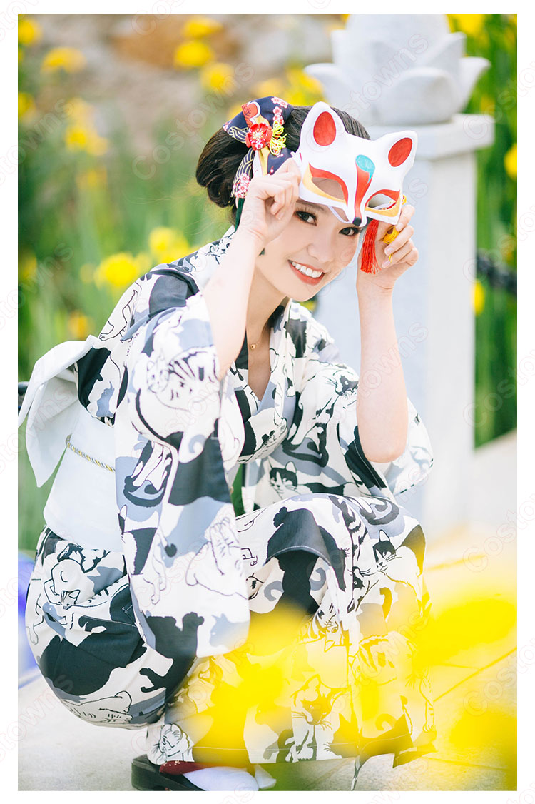 女性浴衣 和服 着物 日本伝統服 舞台衣装 コスプレ衣装 コスチューム 写真撮影 演出服 猫柄 3