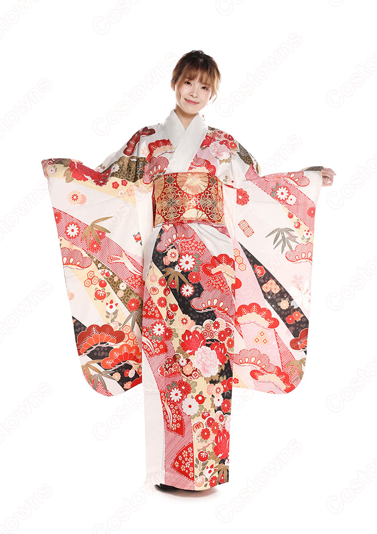 女性浴衣 和服 着物 日本伝統服 舞台衣装 コスプレ衣装 コスチューム 写真撮影 演出服 松文柄 四季の花草 振袖 1