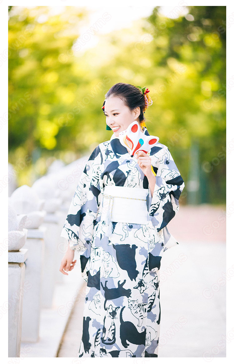 女性浴衣 和服 着物 日本伝統服 舞台衣装 コスプレ衣装 コスチューム 写真撮影 演出服 猫柄 2