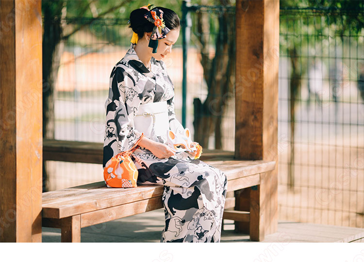 女性浴衣 和服 着物 日本伝統服 舞台衣装 コスプレ衣装 コスチューム 写真撮影 演出服 猫柄 0