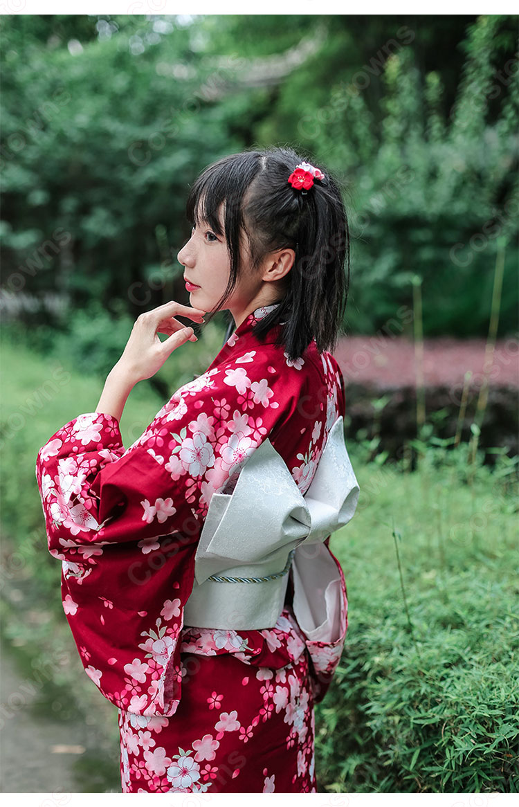 A42】女着物 単衣 赤色 桜 光沢 衣装 舞踊 大衆演劇 着物 日本舞踊