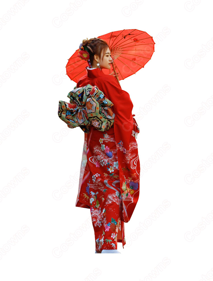 女性浴衣　和服　着物　日本伝統服　舞台衣装　コスプレ衣装　コスチューム　写真撮影　演出服　花柄　赤振袖 1