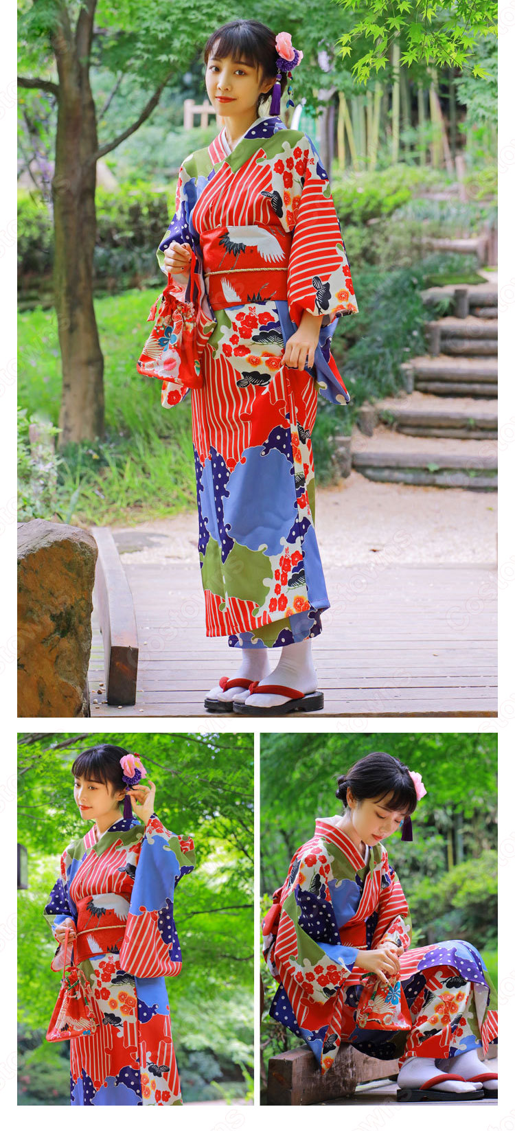 女性浴衣 和服 着物 日本伝統服 舞台衣装 コスプレ衣装 コスチューム 写真撮影 演出服 松梅柄 4