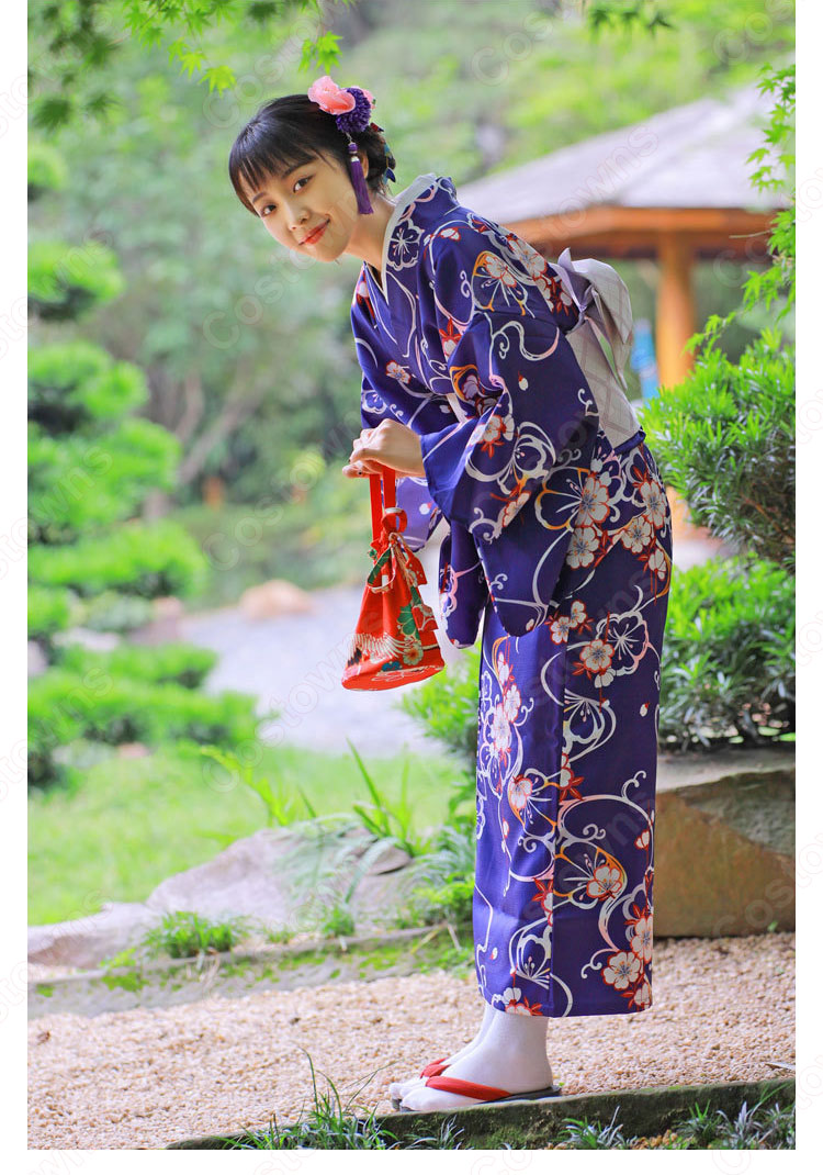 女性浴衣　和服　着物　日本伝統服　舞台衣装　コスプレ衣装　コスチューム　写真撮影　演出服　紺色　花柄 2