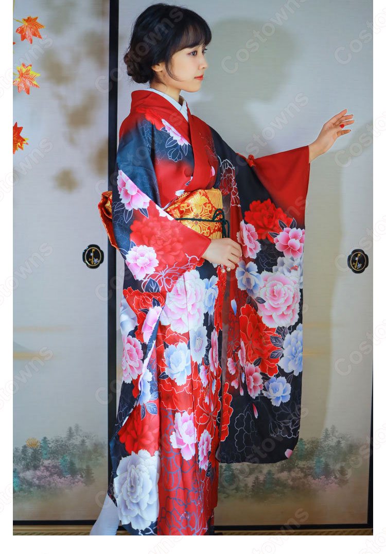 女性浴衣 和服 着物 日本伝統服 舞台衣装 コスプレ衣装 コスチューム 写真撮影 演出服 牡丹柄 5