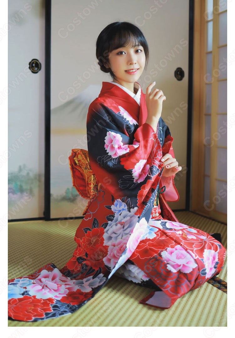 女性浴衣 和服 着物 日本伝統服 舞台衣装 コスプレ衣装 コスチューム 写真撮影 演出服 牡丹柄 3