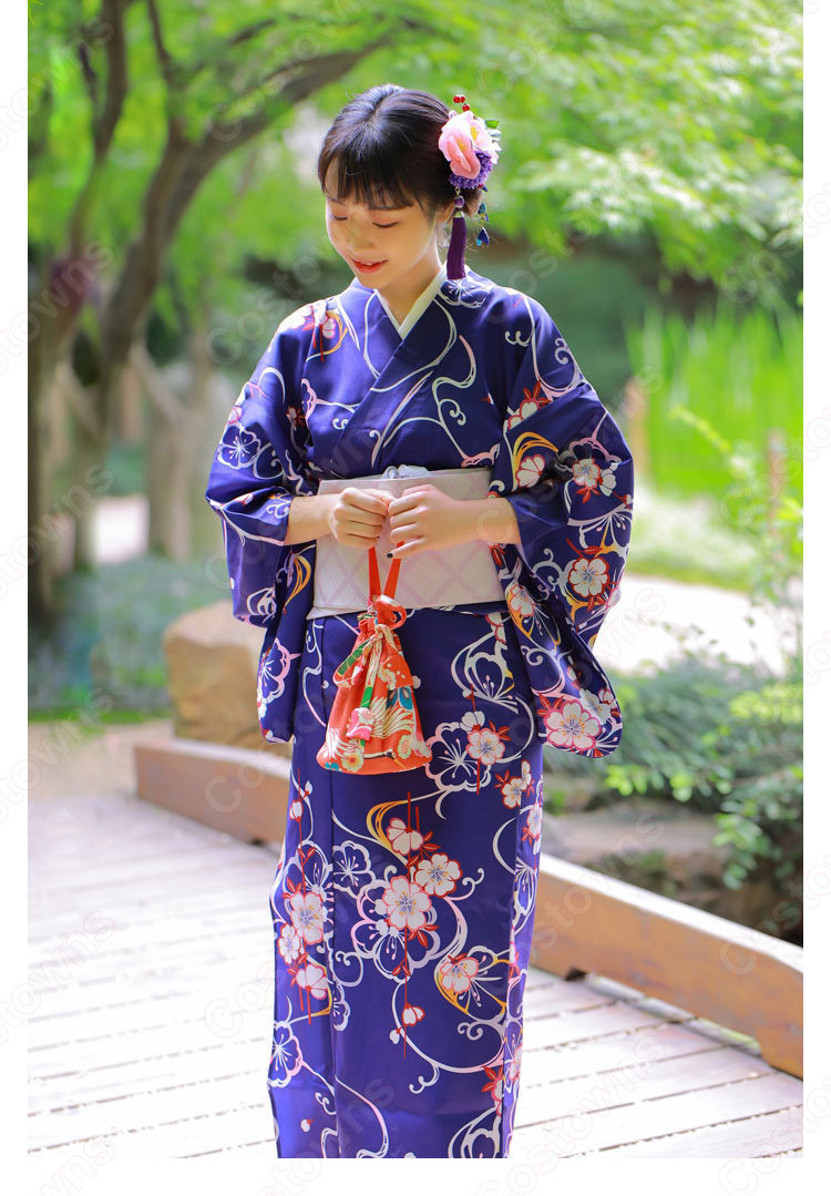 女性浴衣　和服　着物　日本伝統服　舞台衣装　コスプレ衣装　コスチューム　写真撮影　演出服　紺色　花柄 5