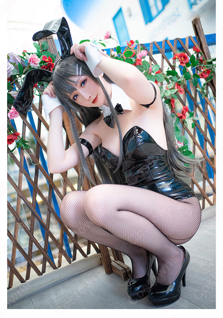 桜島麻衣 黒/白 バニーガール コスプレ衣装 『青春ブタ野郎』さくらじままい セクシー 仮装 コスチューム-4