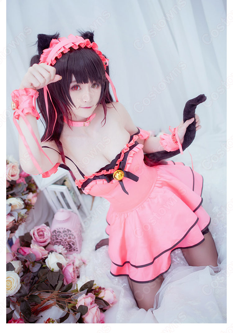 『デート・ア・ライブ』時崎狂三(ときさきくるみ) コスプレ衣装 DATE A LIVE 猫 フィギュア服 ピンク セクシー 可愛い ワンピース コスプレ用-3