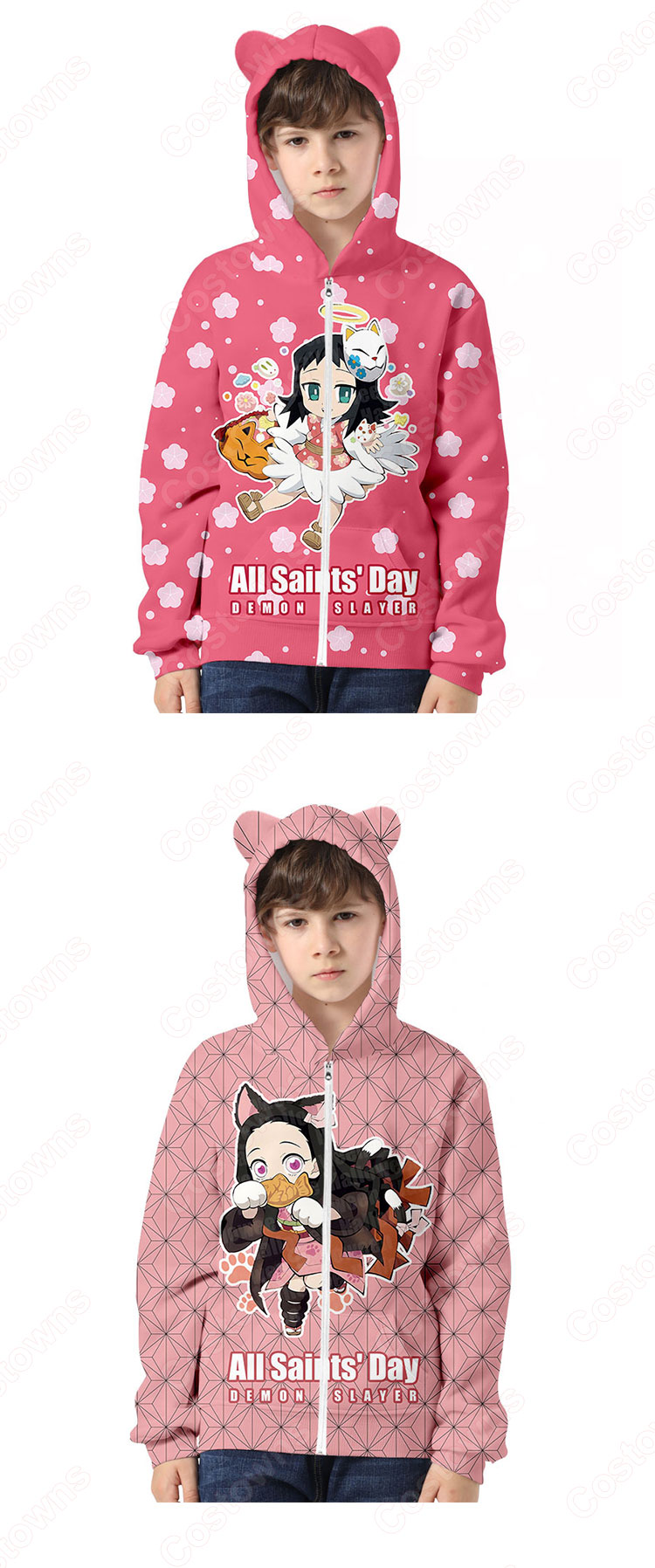 『鬼滅の刃』ハロウィーン周辺 パーカー ジッパー付き 猫耳フード付き カジュアル スウェット アニメ プリント 長袖 記念シャツ キッズ おしゃれ イベント 衣装 男女兼用-6