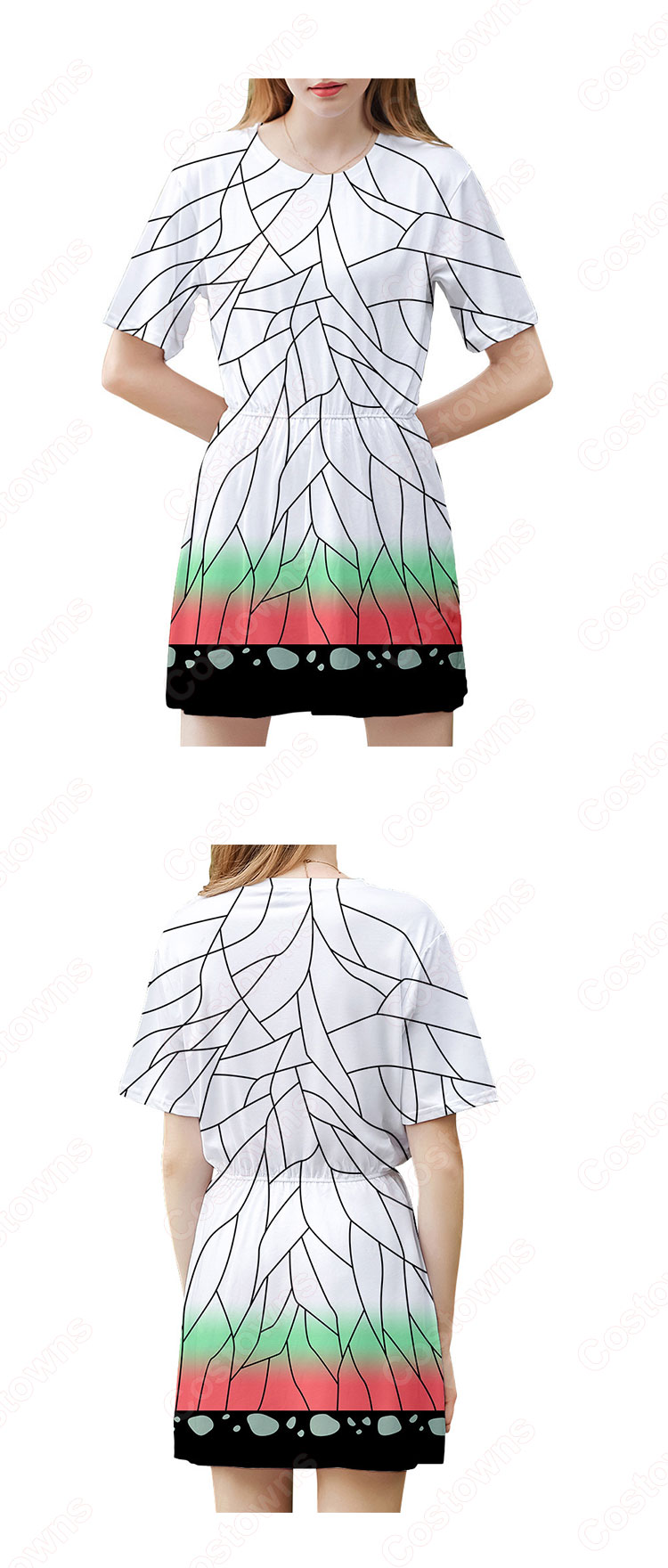 『鬼滅の刃』ワンピース アニメ プリント カジュアルスタイル 半袖 薄手 ひざ丈 夏 ワンピース 柔らかい 快適 可愛い お洒落 人気 ワンピース 女の子 誕生日 ファッション プレゼント-1