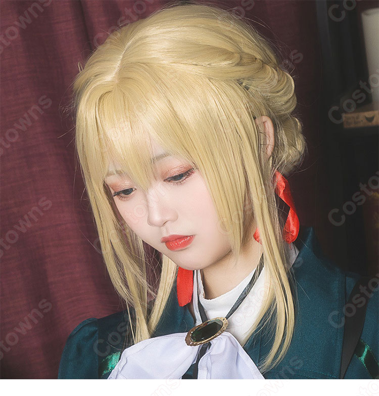 ヴァイオレット コスプレ高品質耐熱 ウィッグ ネット付き『永遠と自動手記人形』 可愛い 人気キャラ 金色 かつら 小道具付き 変装用-2